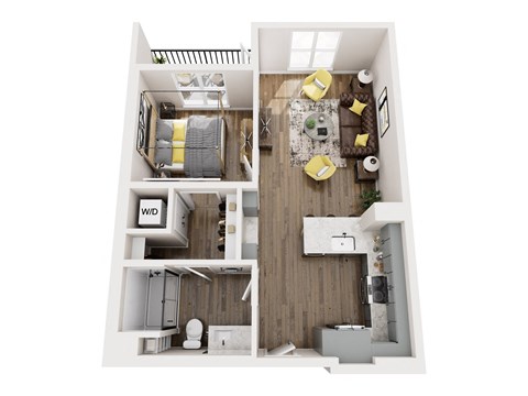 A top down view of a small apartment with a bedroom, living room, and kitchen.